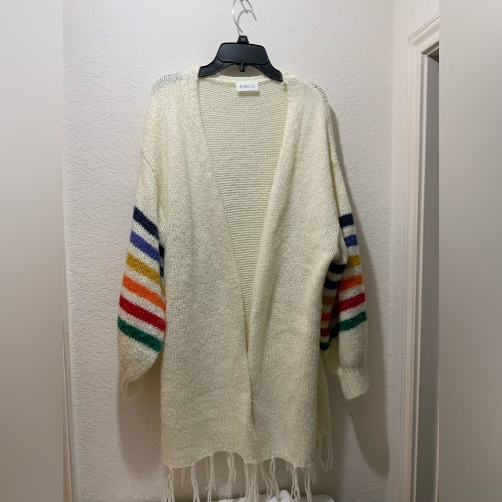 Evelyn open front Rainbow striped white knitted sweater fringe